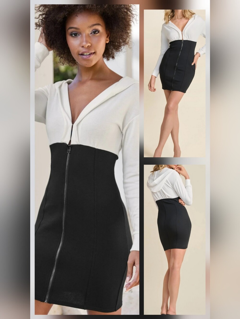 VENUS Hooded Zip Color Block Corset Dress - Black & White Sz L